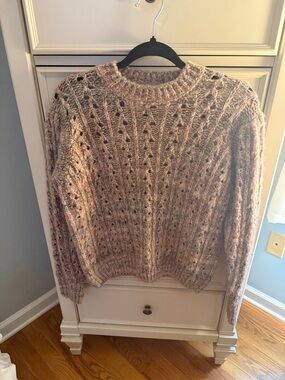 Chunky Open-Stitch Crewneck Sweater in Mauve